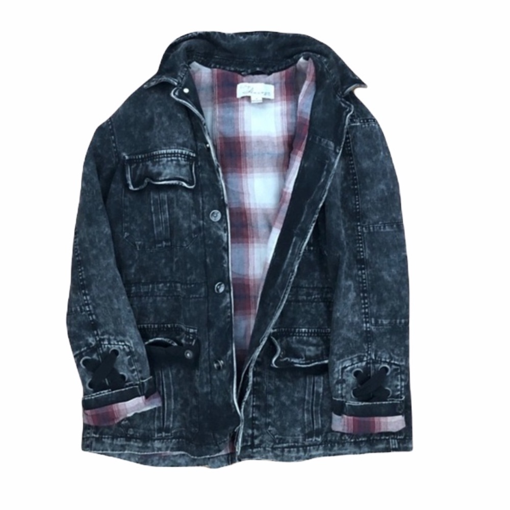 Vintage Havana Black Acid Wash Denim Jacket Flannel Lined Oversized Small